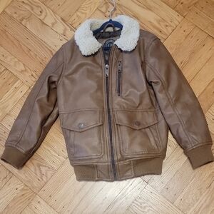 Brown Faux Leather Jacket with Cream Collar